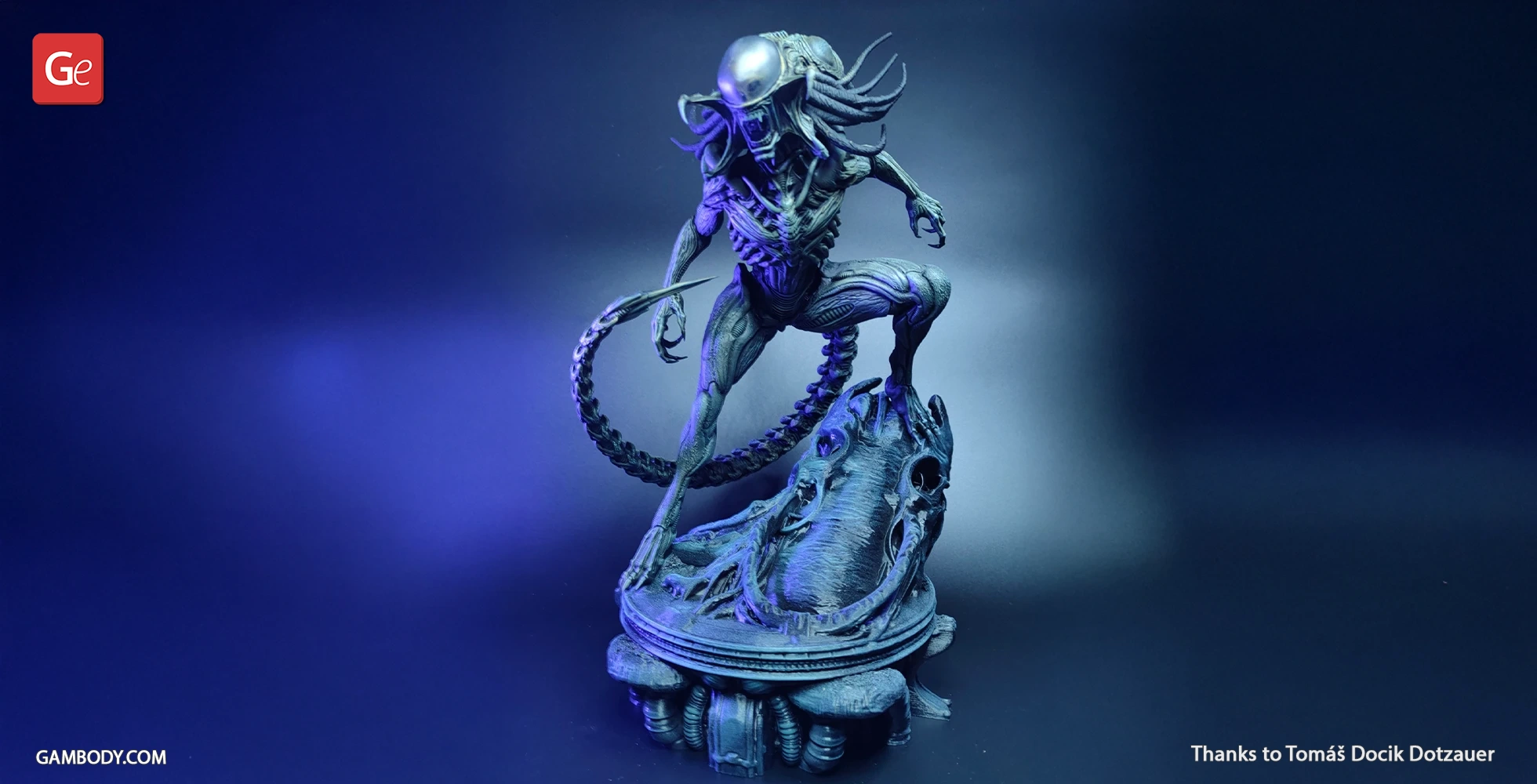 A detailed sci-fi creature with a dome head and long tail stands on a textured base.