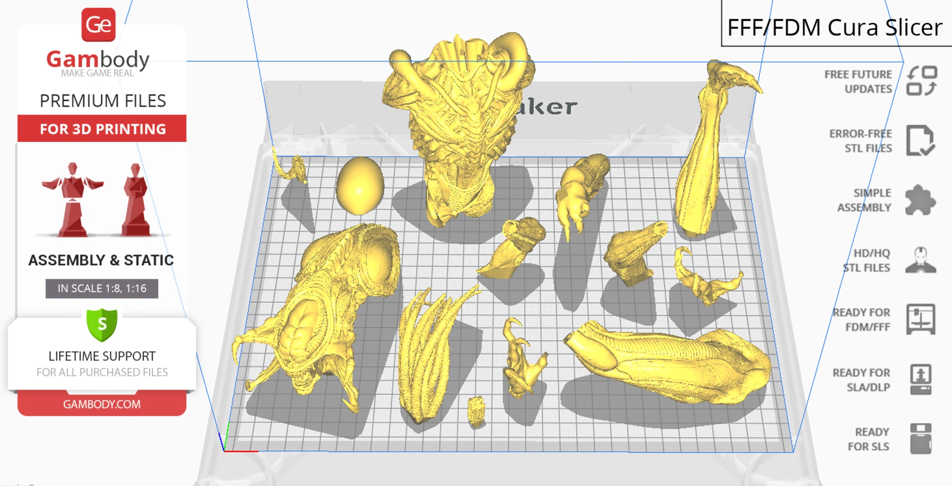 3D model parts of a Predalien creature, arranged for printing.