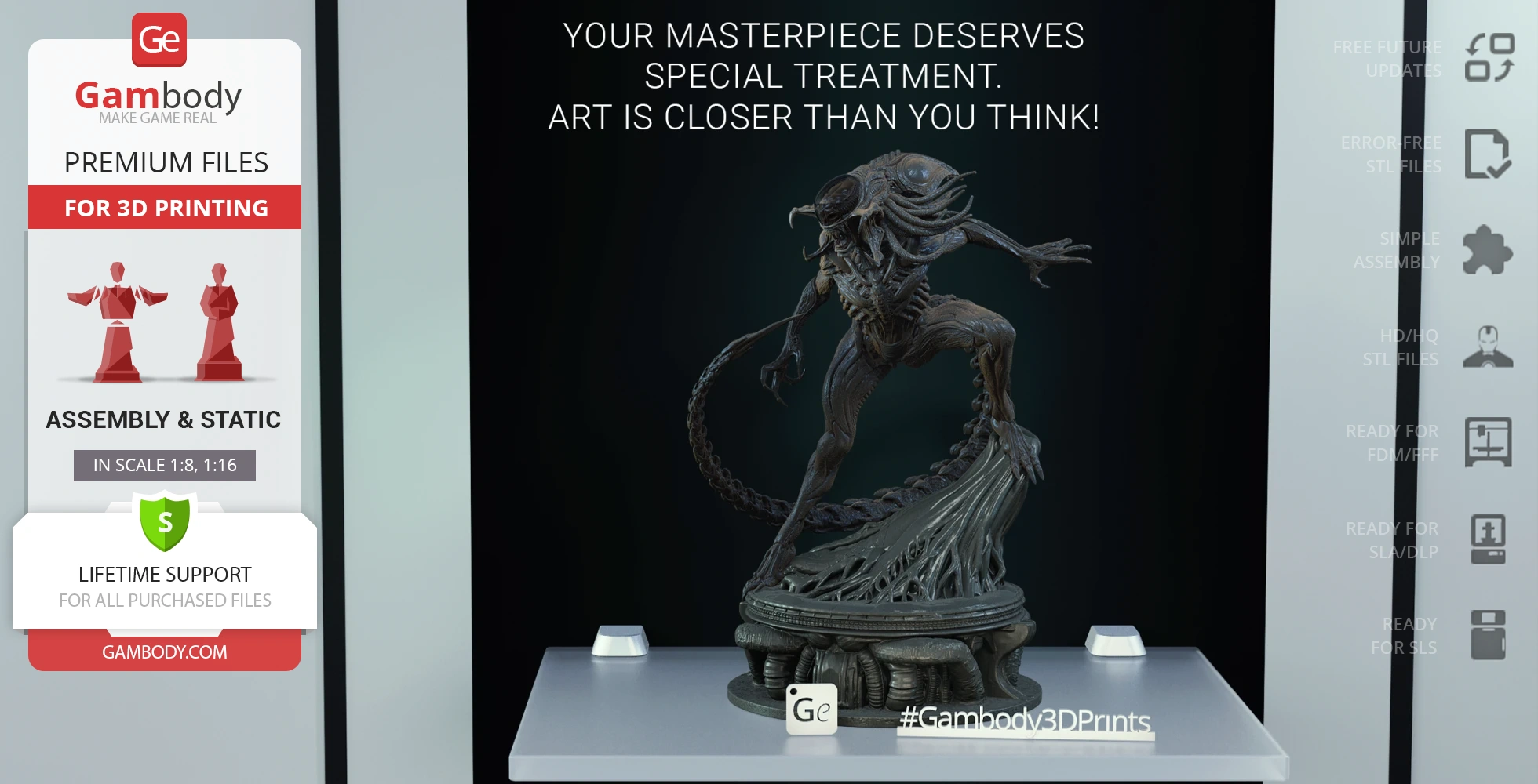 A detailed 3D model of a Predalien standing on a decorated base, ready for printing.