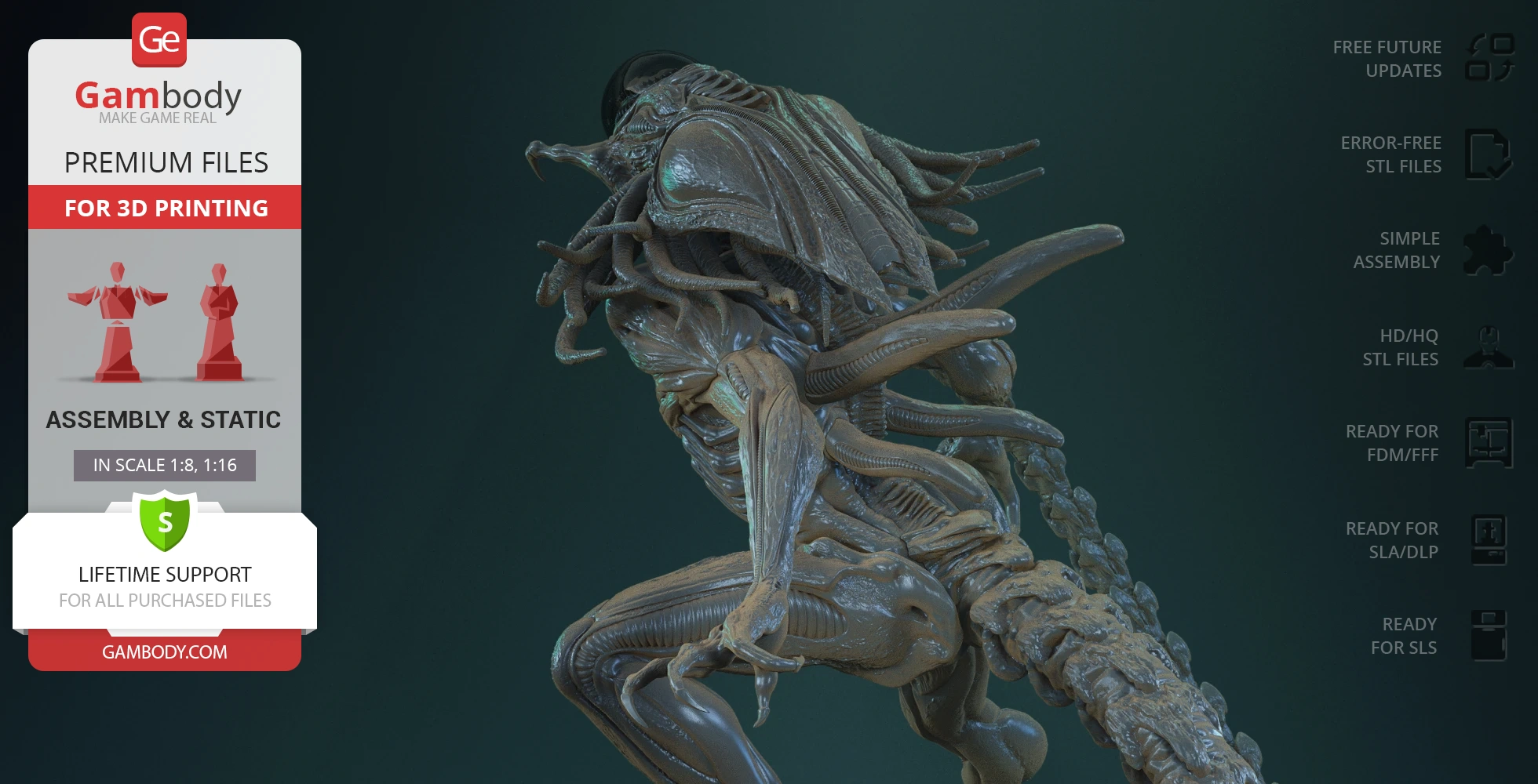 A detailed, bio-mechanical alien creature model with tentacle-like appendages and a sleek, textured appearance.