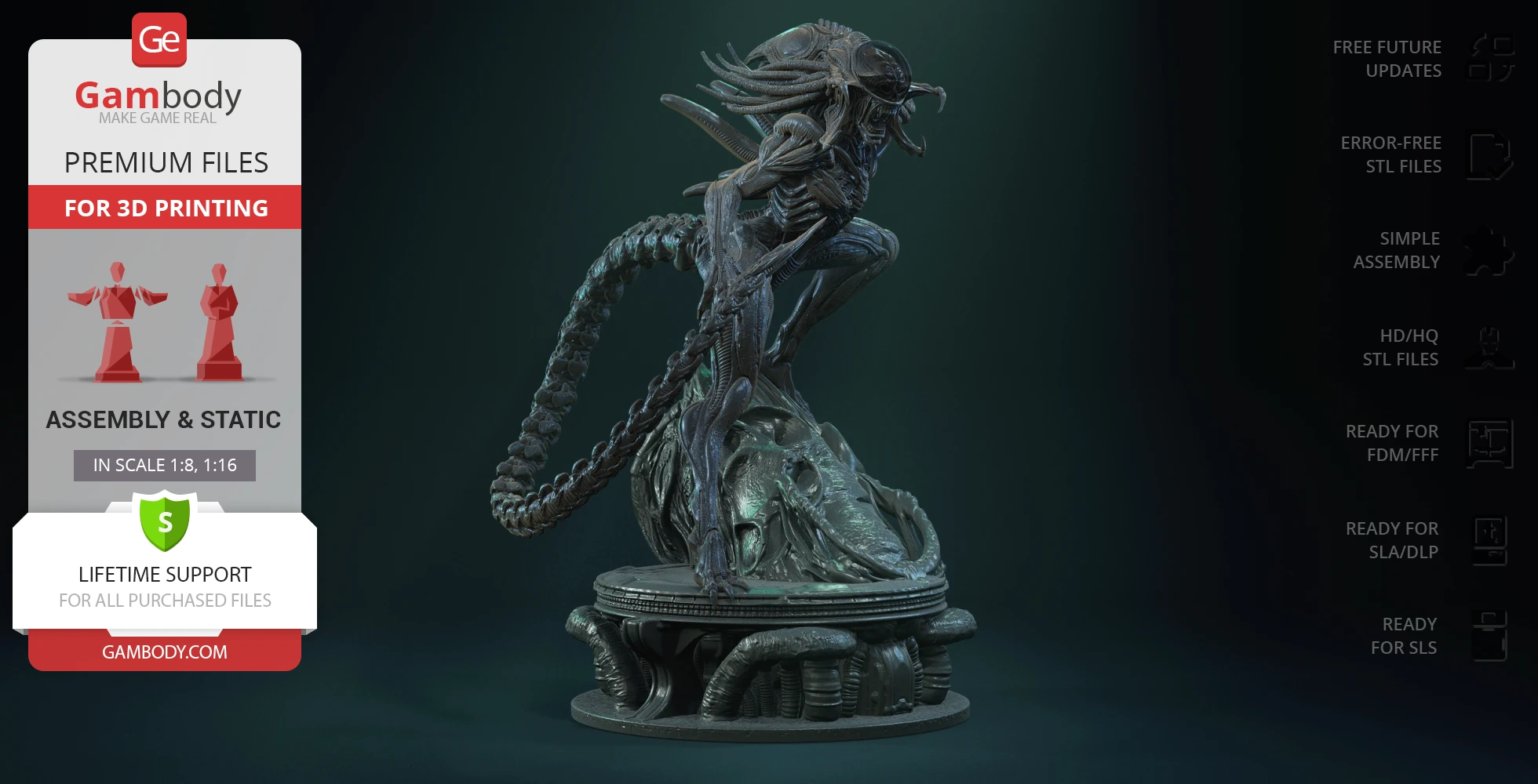 A detailed, menacing alien creature on a decorative base designed for 3D printing.