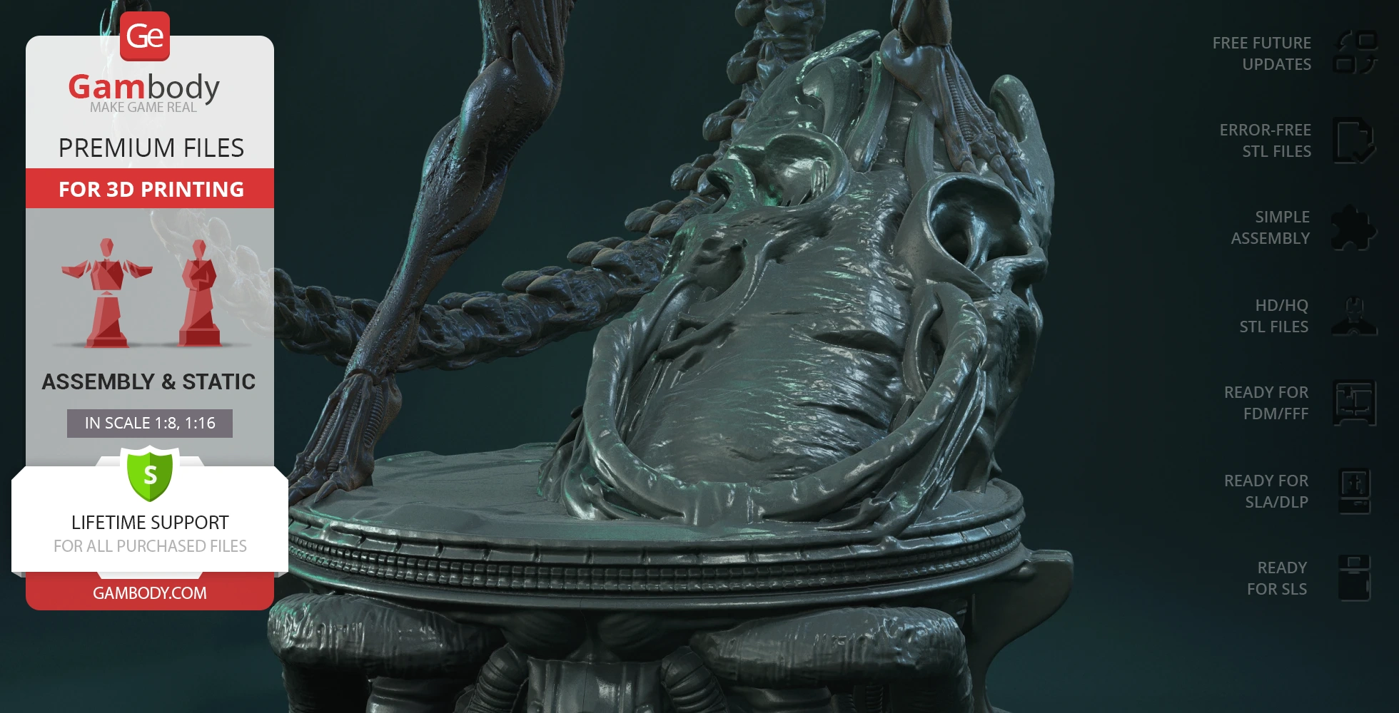 A detailed 3D model of a sci-fi creature's base with organic, alien-like textures for printing.