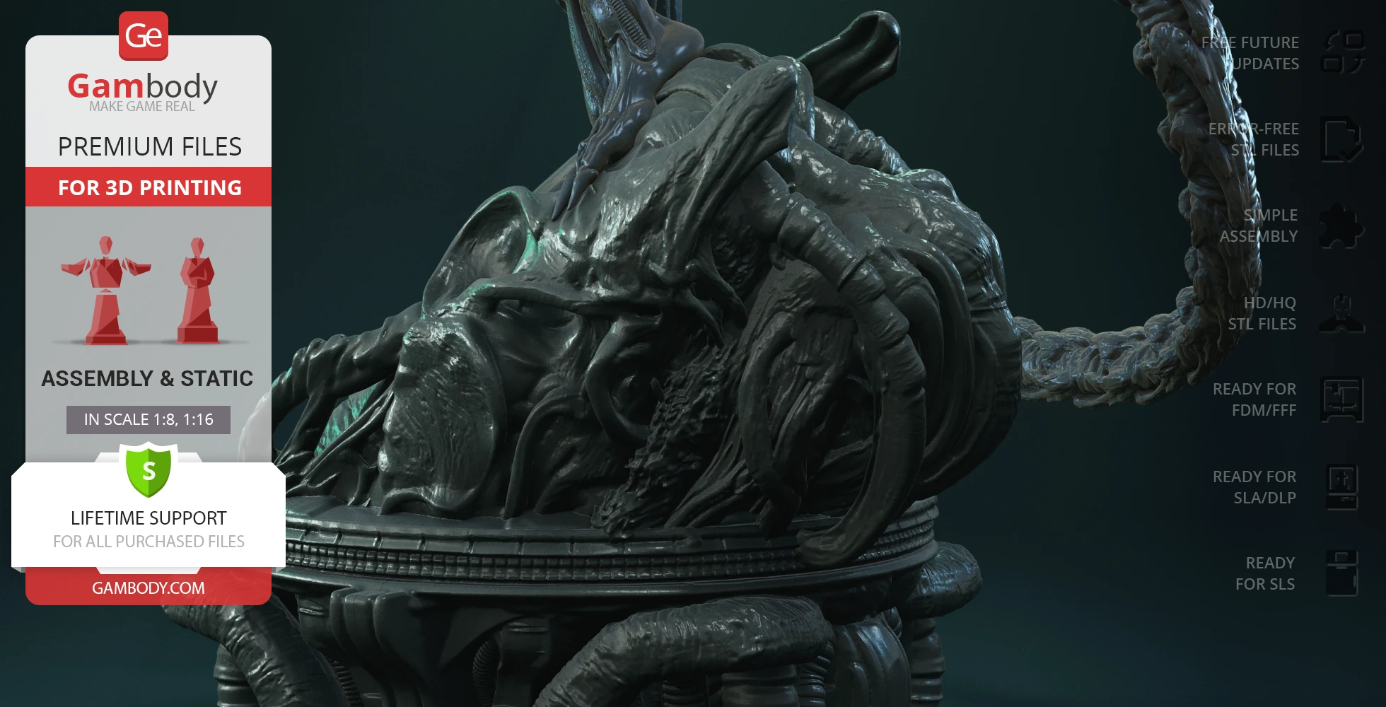 A detailed 3D model of a hybrid alien creature with a biomechanical design, ready for 3D printing.