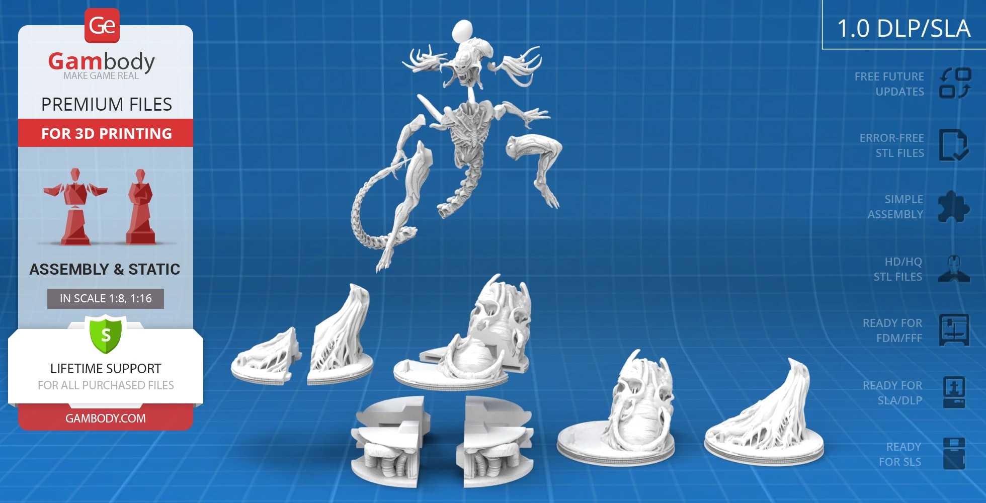 A 3D model of a sci-fi creature with assembly parts displayed on a blue grid background.