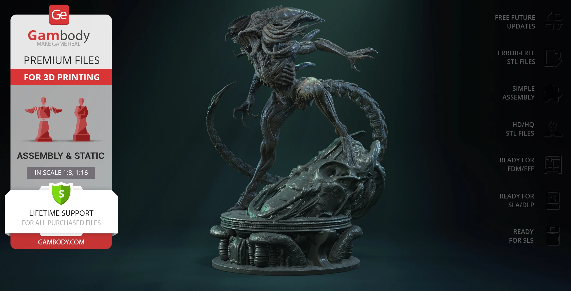 A detailed 3D model of a predatory alien creature standing on a textured base, designed for 3D printing.
