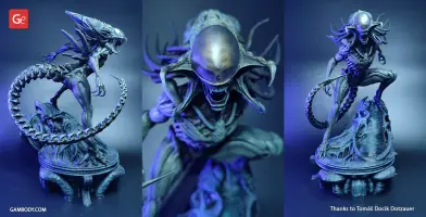 Fierce alien creature model with a long tail, exposed ribs, and sharp claws on a detailed base.