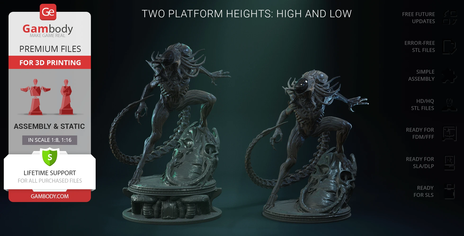 Alien creature model with long tail and claws, standing on a detailed platform, ready for 3D printing.