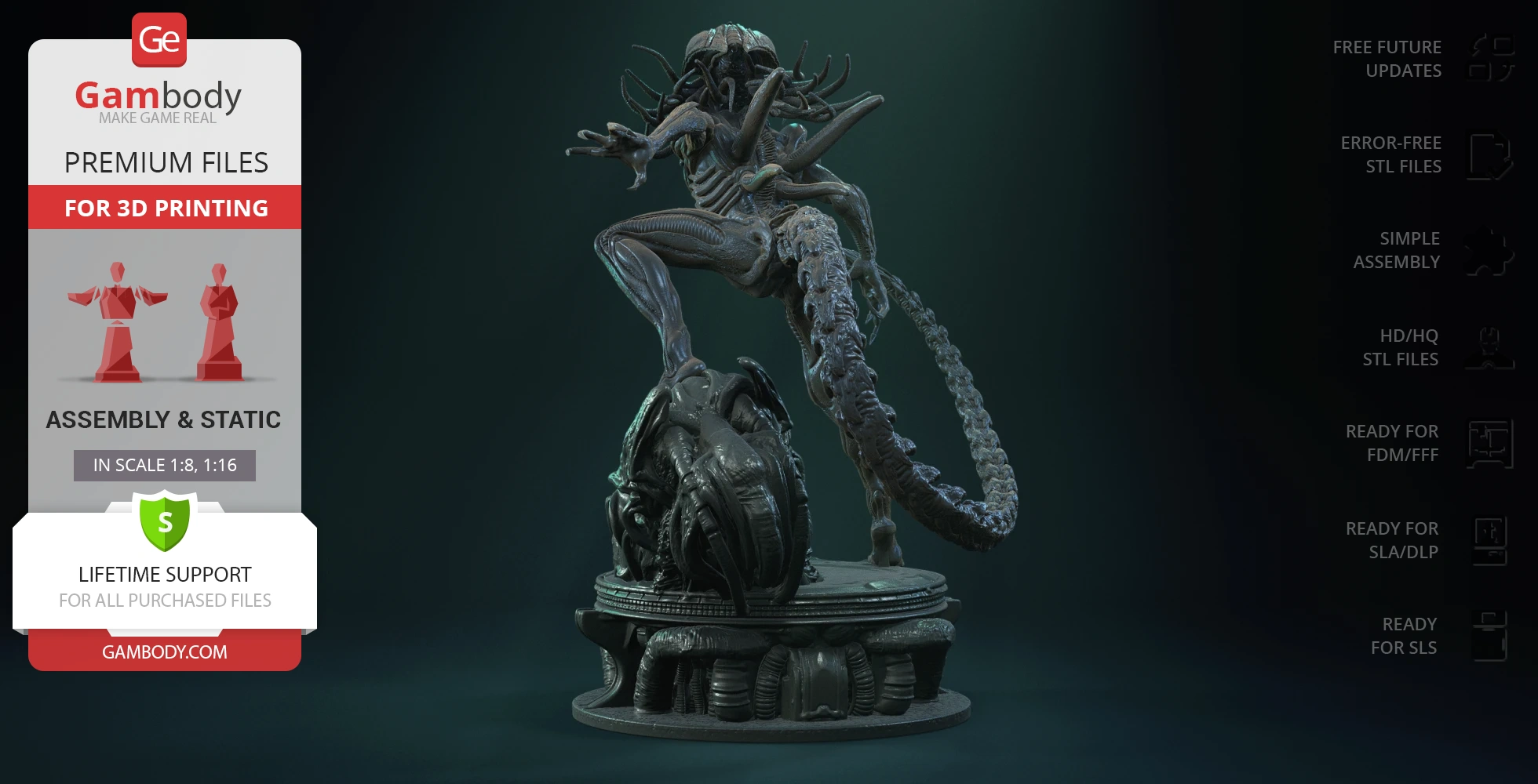Sci-fi creature with a skeletal body and long tail, posed on a themed base for 3D printing.