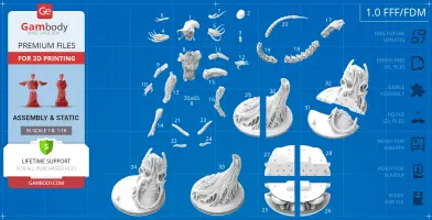 3D model parts of a sci-fi creature for printing, displayed on a blueprint-style background.
