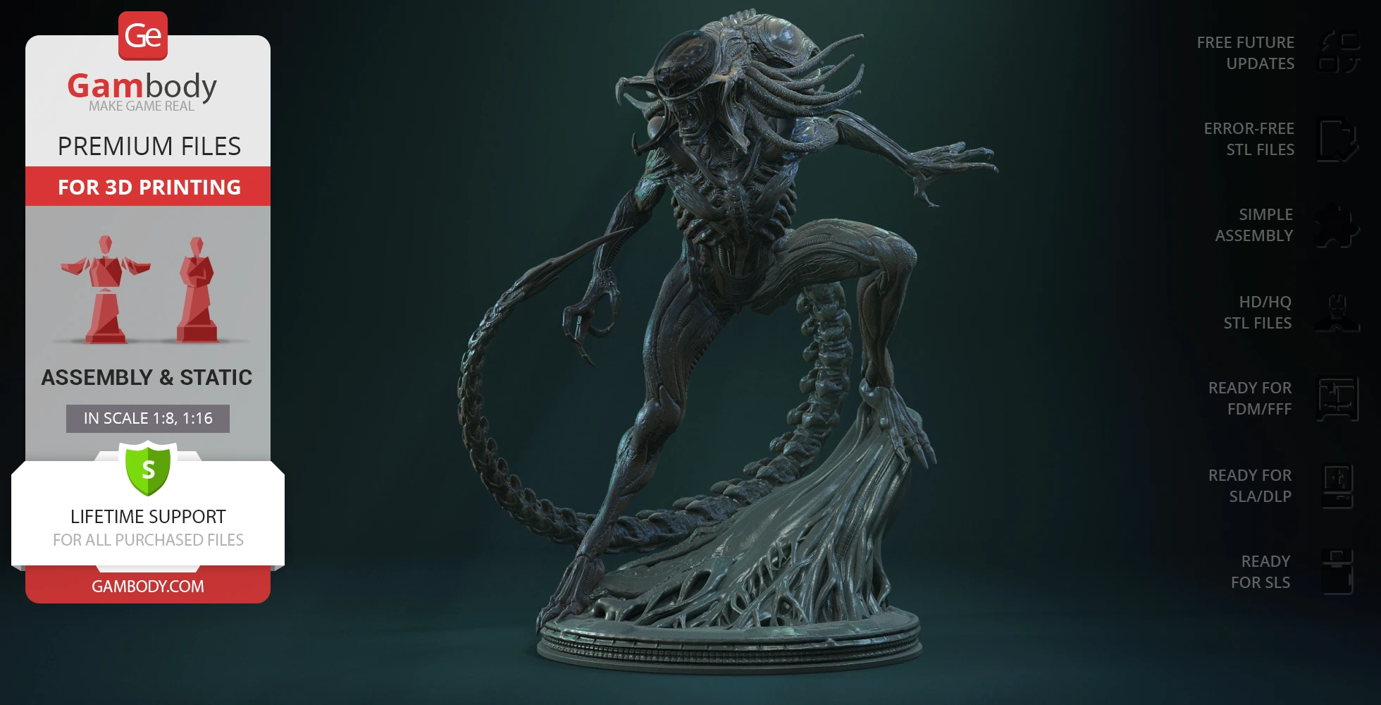 A detailed 3D model of a Predalien creature, posed dynamically on a base with organic textures.