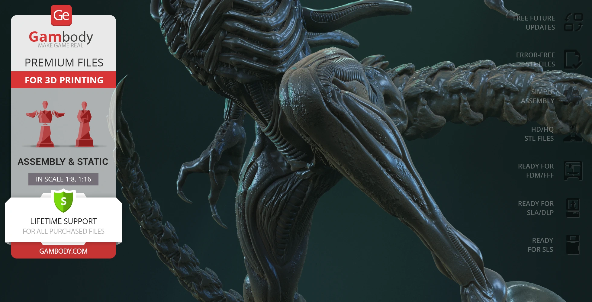 A highly detailed, muscular sci-fi creature with a ribbed exoskeleton and a long, segmented tail.