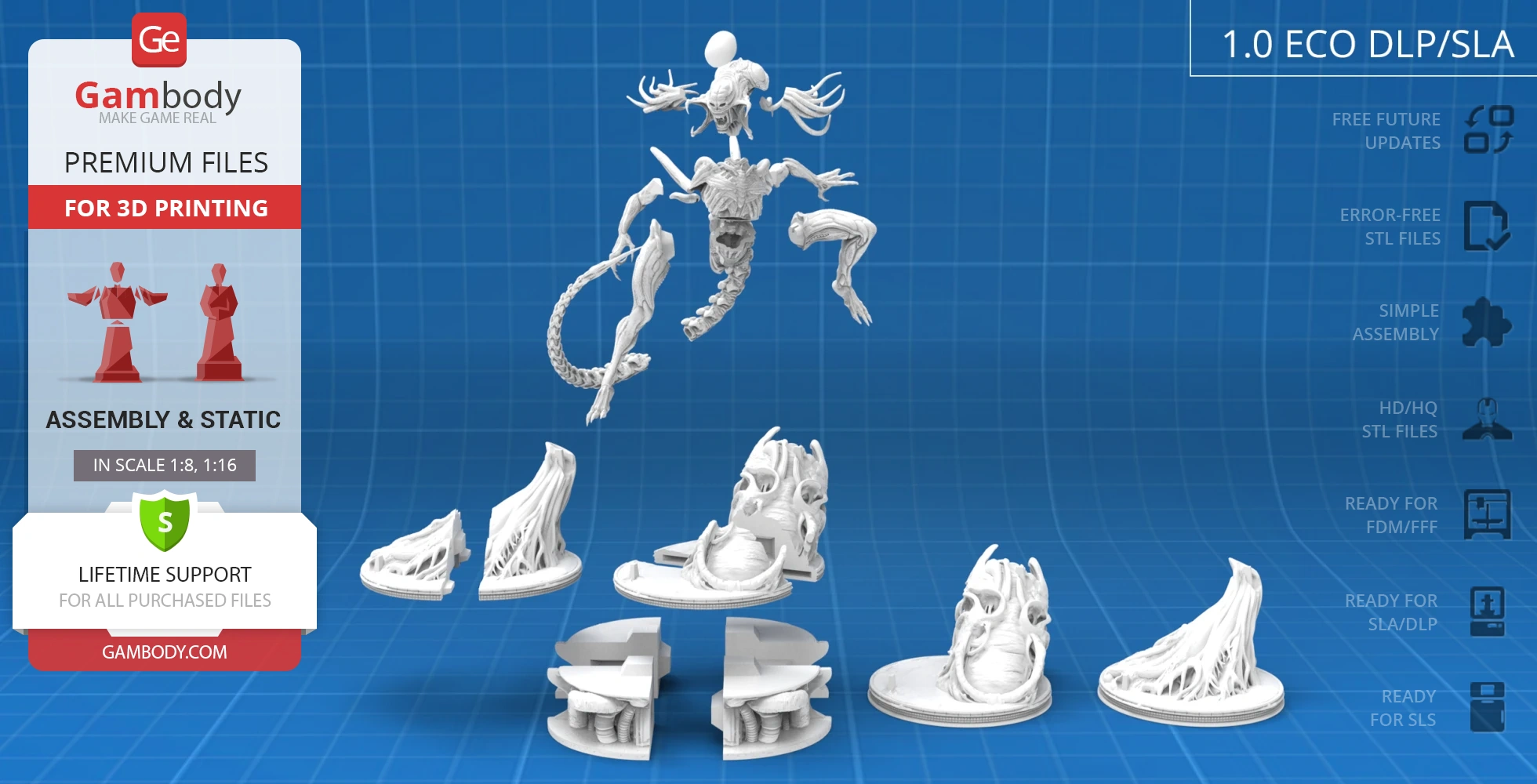 A detailed 3D model of a sci-fi alien creature with separate body parts for assembly.