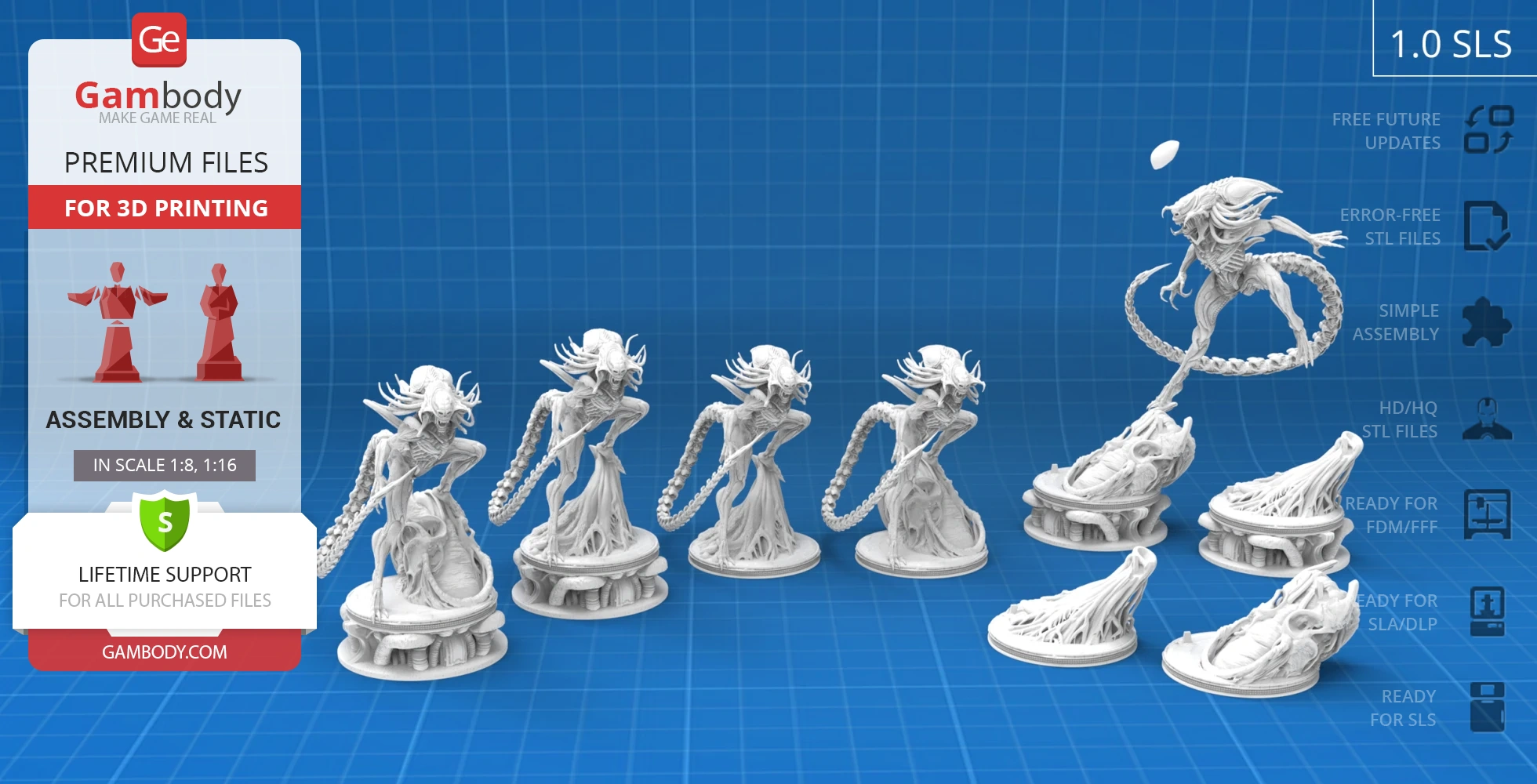 A series of detailed 3D models of a fictional alien creature with a long tail and intricate design on a blue grid.