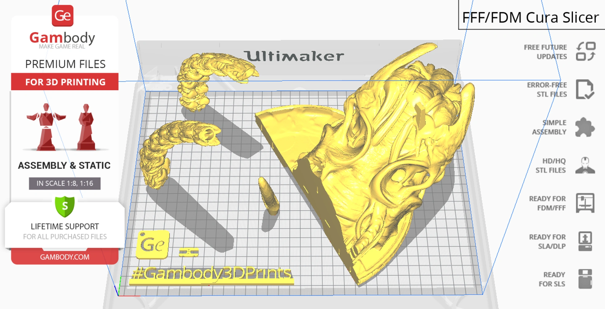 3D model of a Predalien with segmented parts displayed in a 3D printing slicer software.
