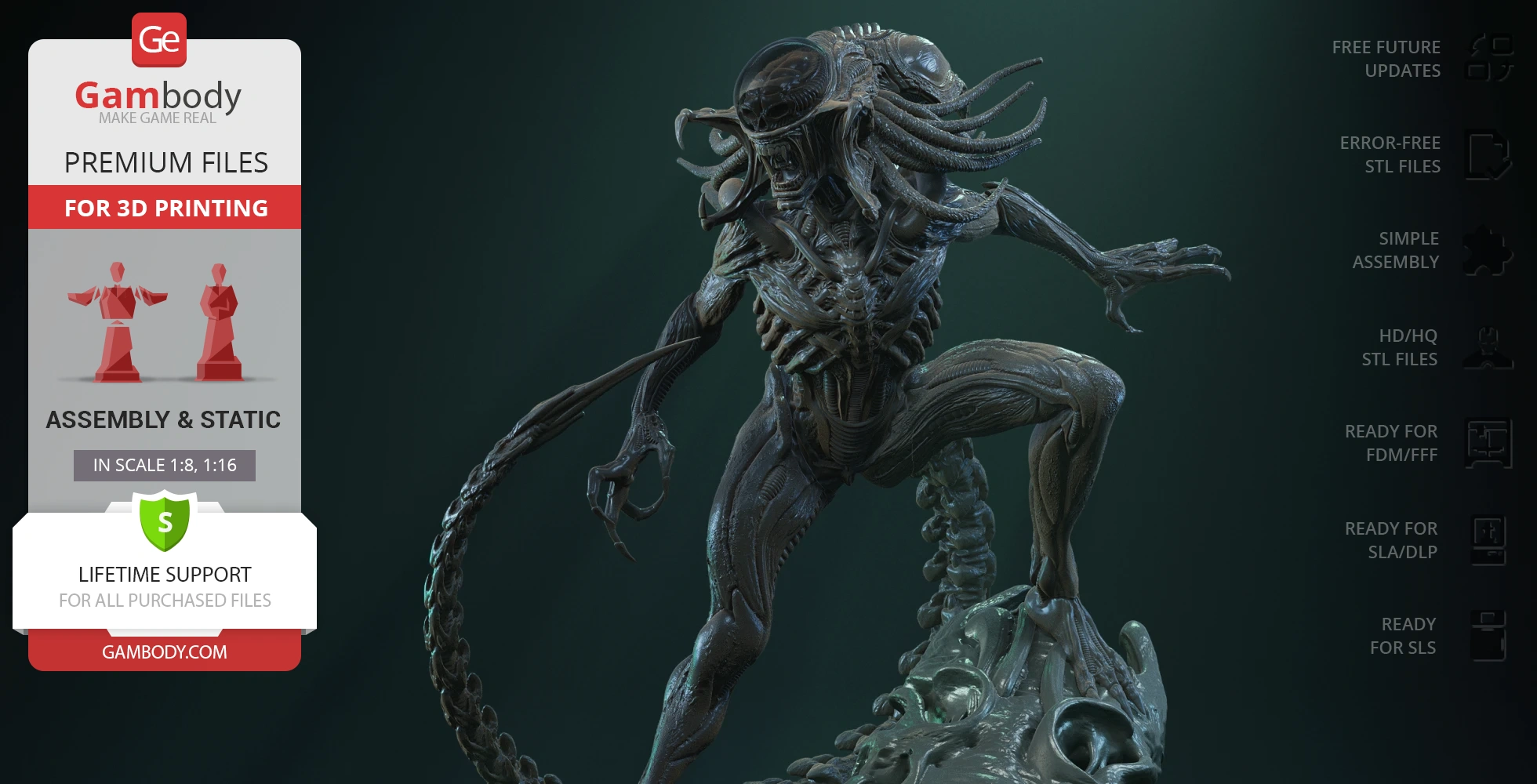 A detailed 3D model of a Predalien, poised aggressively, showcasing intricate alien features for 3D printing.