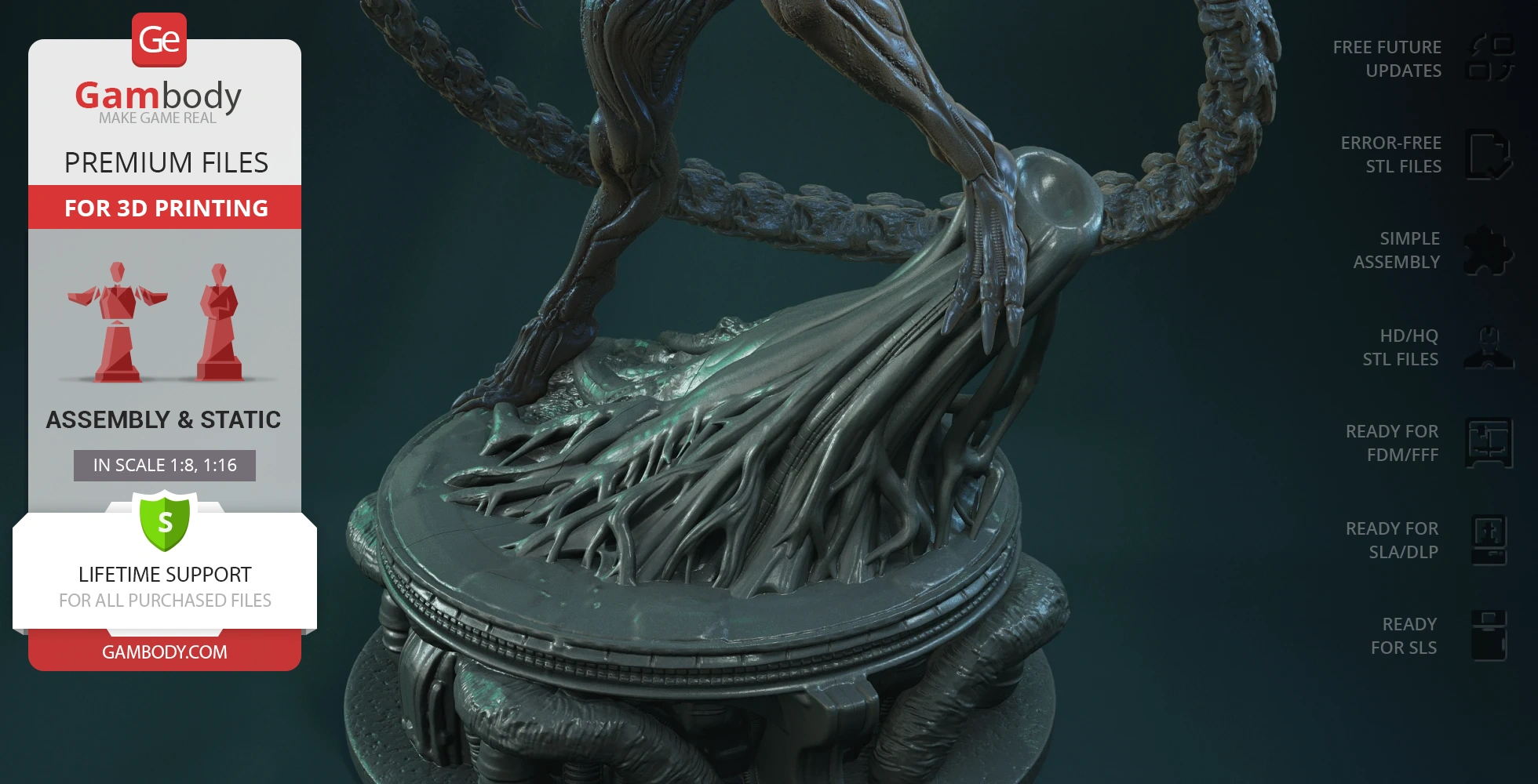 Sci-fi creature model on an ornate base, featuring sleek, textured legs and intricate, flowing details.