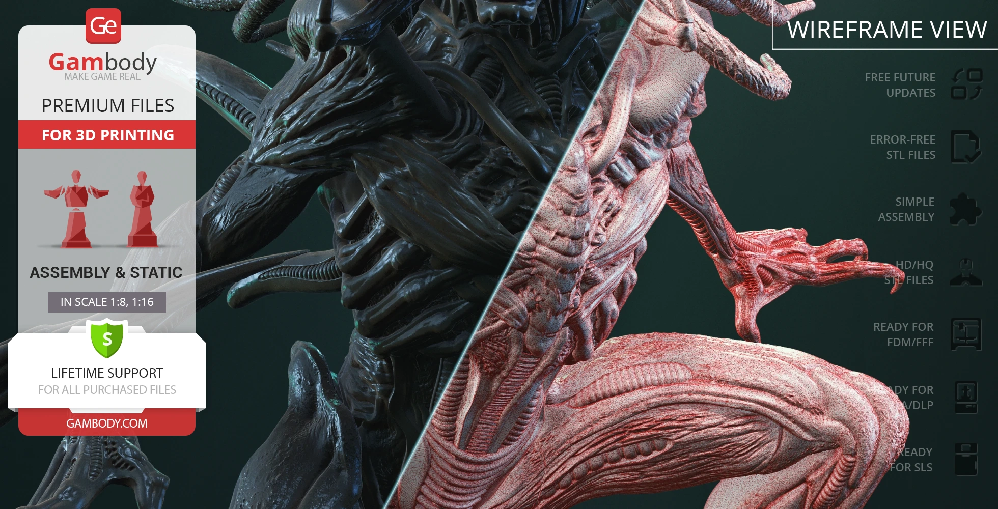 A detailed 3D model of a sci-fi creature in half normal and half wireframe view, designed for 3D printing.