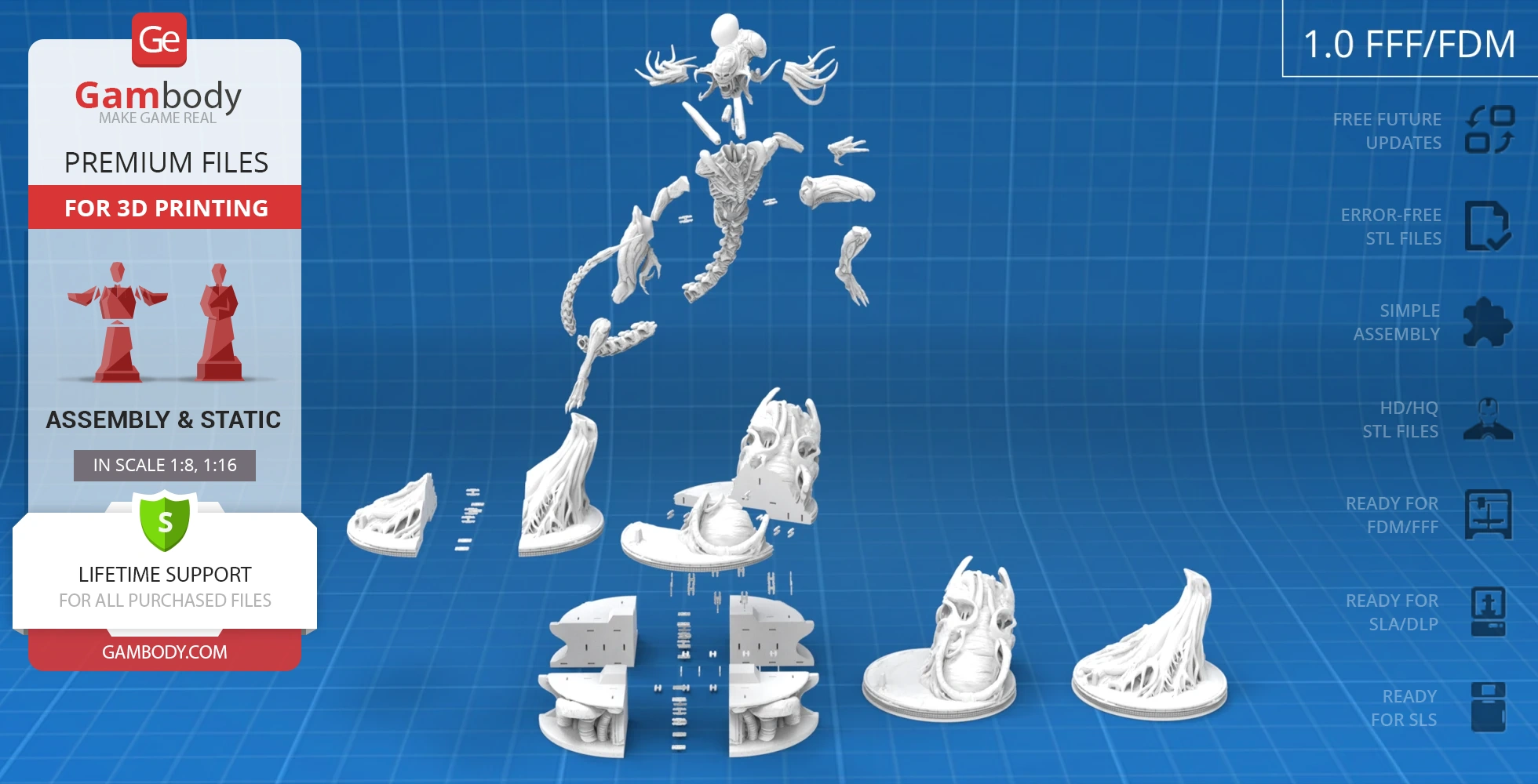 Predalien 3D model parts for assembly, displayed on a blue grid background.