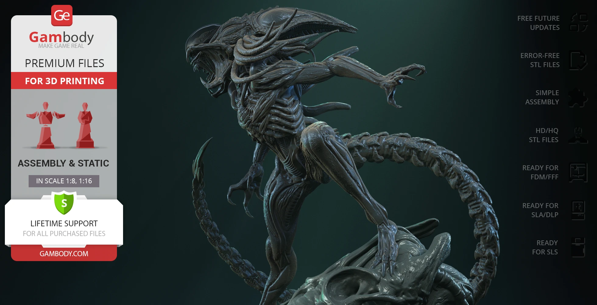 Alien creature with an exoskeleton and long tail, posed on a rock, ready for 3D printing.