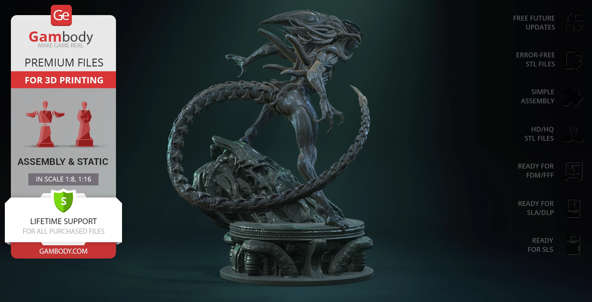 A detailed 3D sci-fi creature with a long tail, posed dynamically on a textured base for 3D printing.