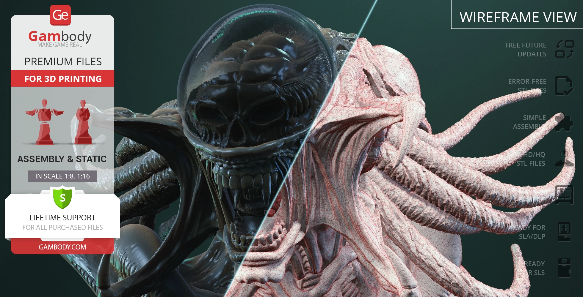 A detailed 3D model of a creature with a skeletal face, tendrils, and segmented armor, shown with wireframe view.
