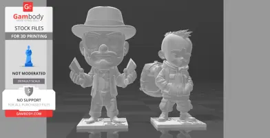 Chibi-style figures of two characters with hats and backpacks, designed for 3D printing.