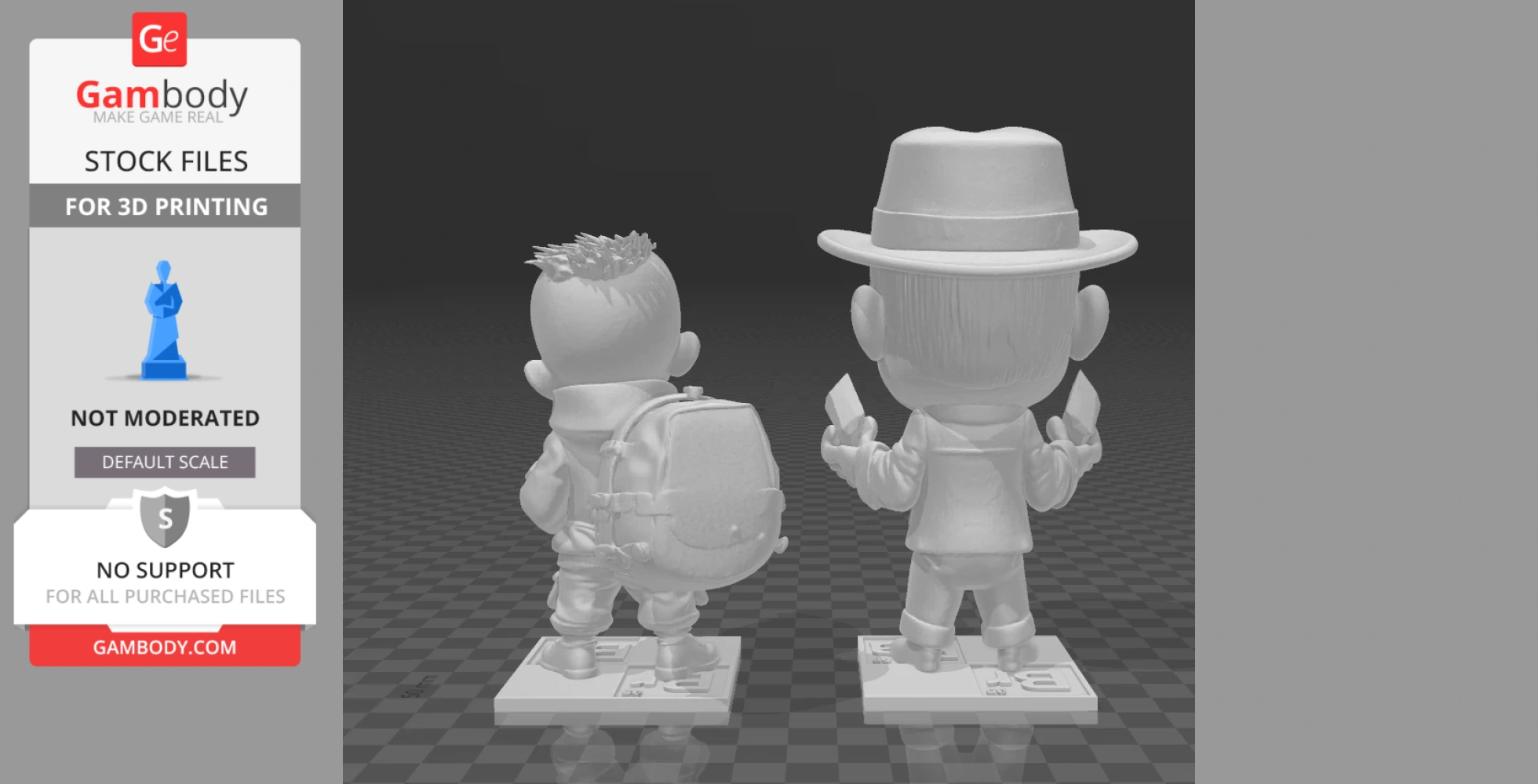 Chibi-style figures of two characters with distinct hats and backpacks, designed for 3D printing.