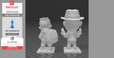 Chibi-style figures of two characters with distinct hats and backpacks, designed for 3D printing.