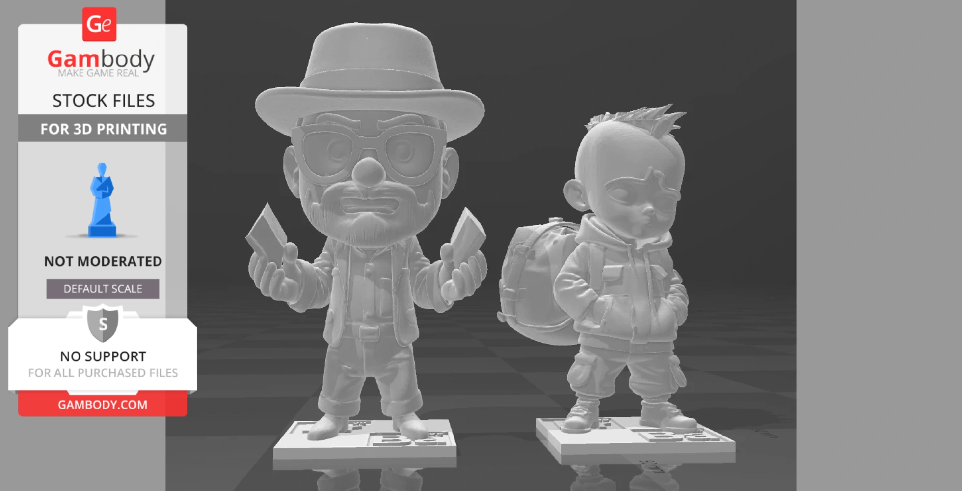 Chibi-style figures of two characters with hats and backpacks, designed for 3D printing.