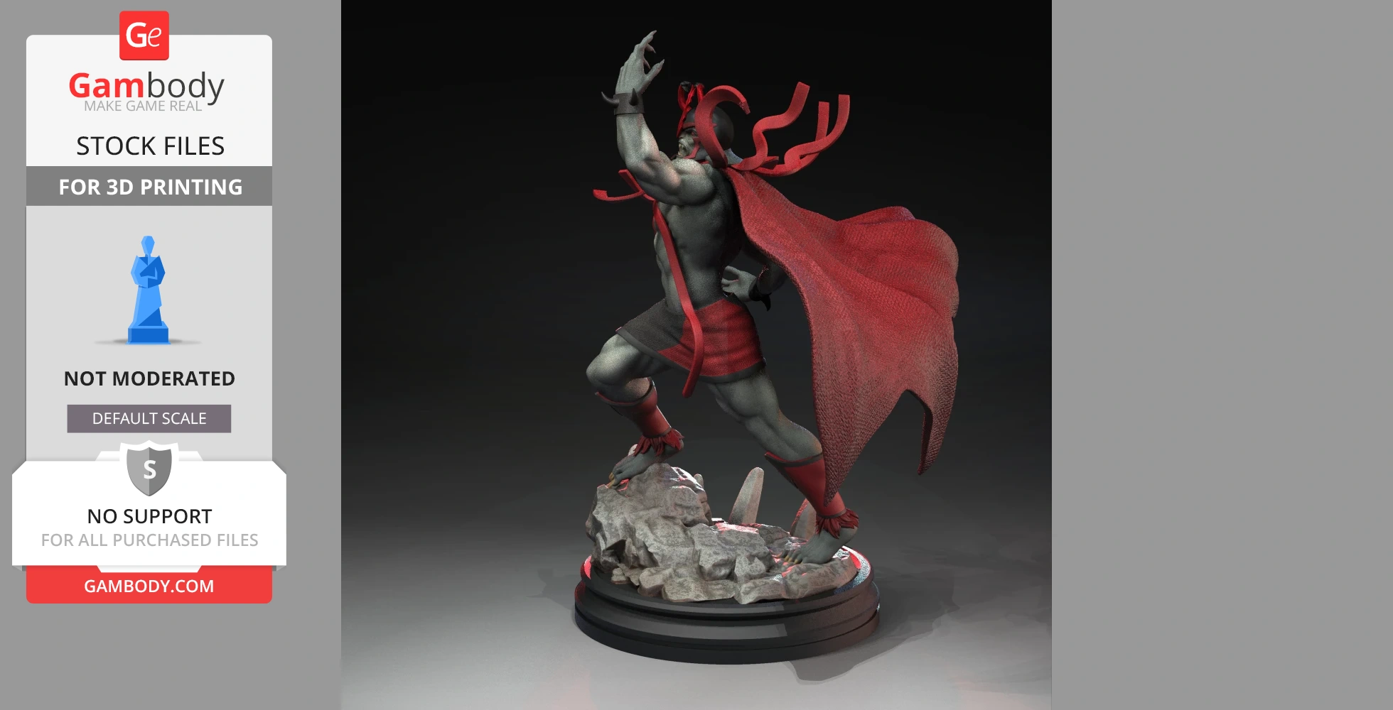 A dynamic 3D model of a character in red and black with antler-like adornments and a flowing cape.
