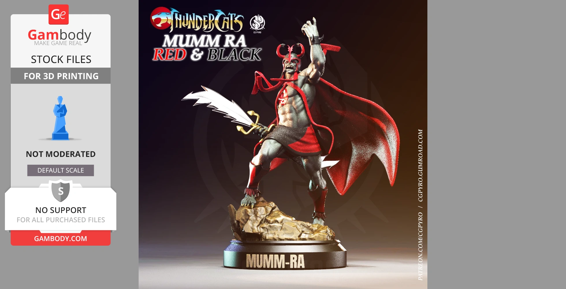 A 3D model of Mumm-Ra from Thundercats, posed dynamically with red and black attire and a menacing stance.