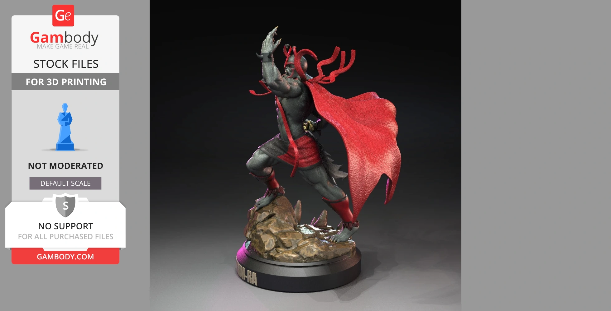 A warrior in a red cape poses dynamically on a rocky base, with a strong, muscular stance.