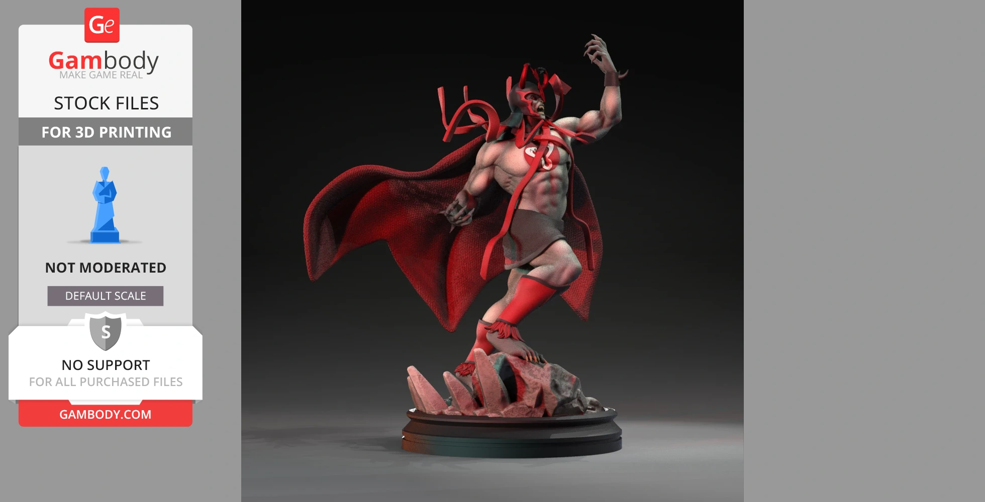 A dynamic 3D model of a red-caped, armor-clad figure in a dramatic pose on a rocky base.