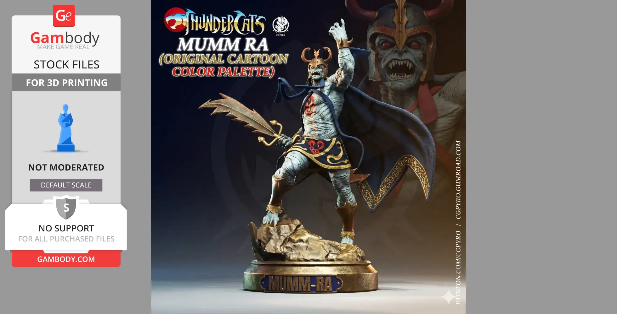 A dynamic statue of Mumm-Ra with a sword, wearing a cape, detailed armor, and standing on a rocky base.