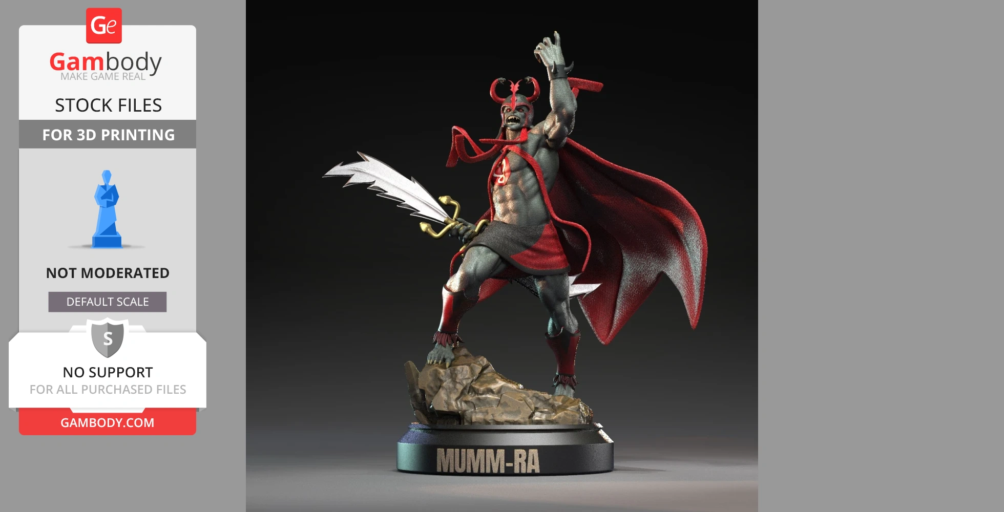 A detailed 3D model of Mumm-Ra with a red cape, wielding a large sword, standing on a rocky base.