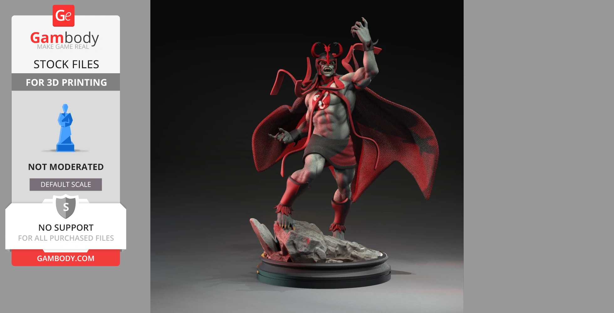 A 3D model of a sinister character in red and black armor with a flowing cape, posed on a rocky base.