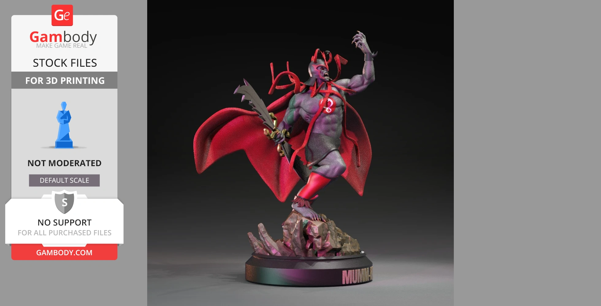 A detailed 3D model of a red-caped, muscular figure wielding a sword, posed dynamically on a rocky base.