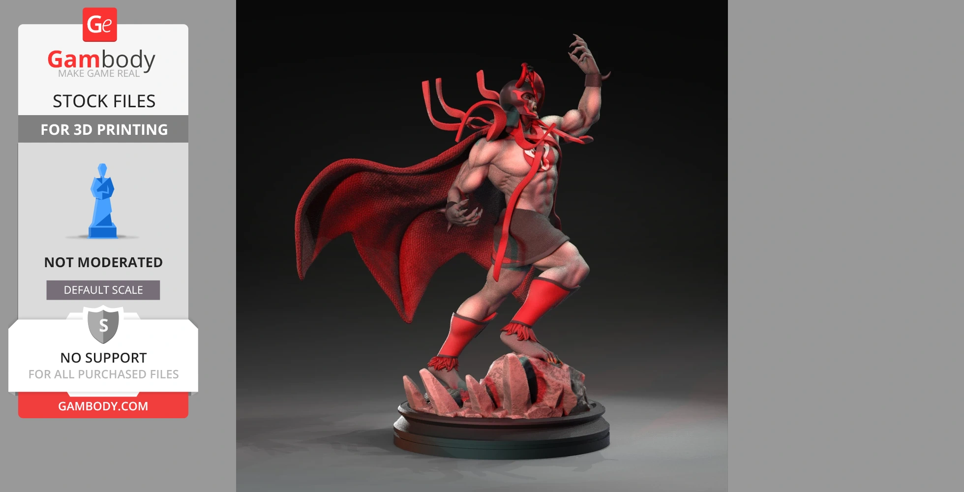 3D model of a muscular character with red and black attire, a flowing cape, and dynamic pose on a rock base.
