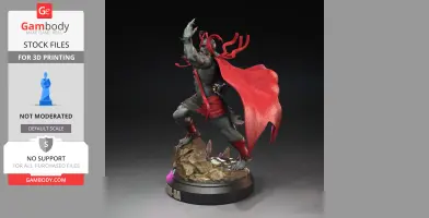 A dynamic 3D model of a character with red accents, cape flowing, standing on a rocky base.