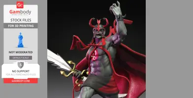 Character with red and black attire, holding a sword, wears a horned helmet and cape.