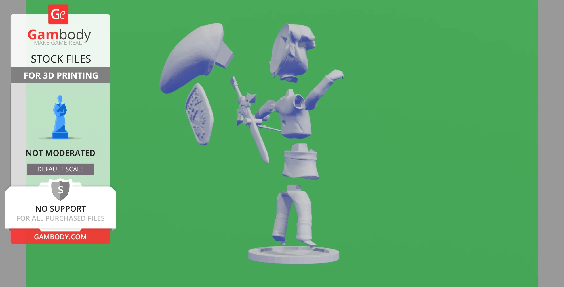 A disassembled 3D model of a character with a sword and shield, ready for 3D printing assembly.