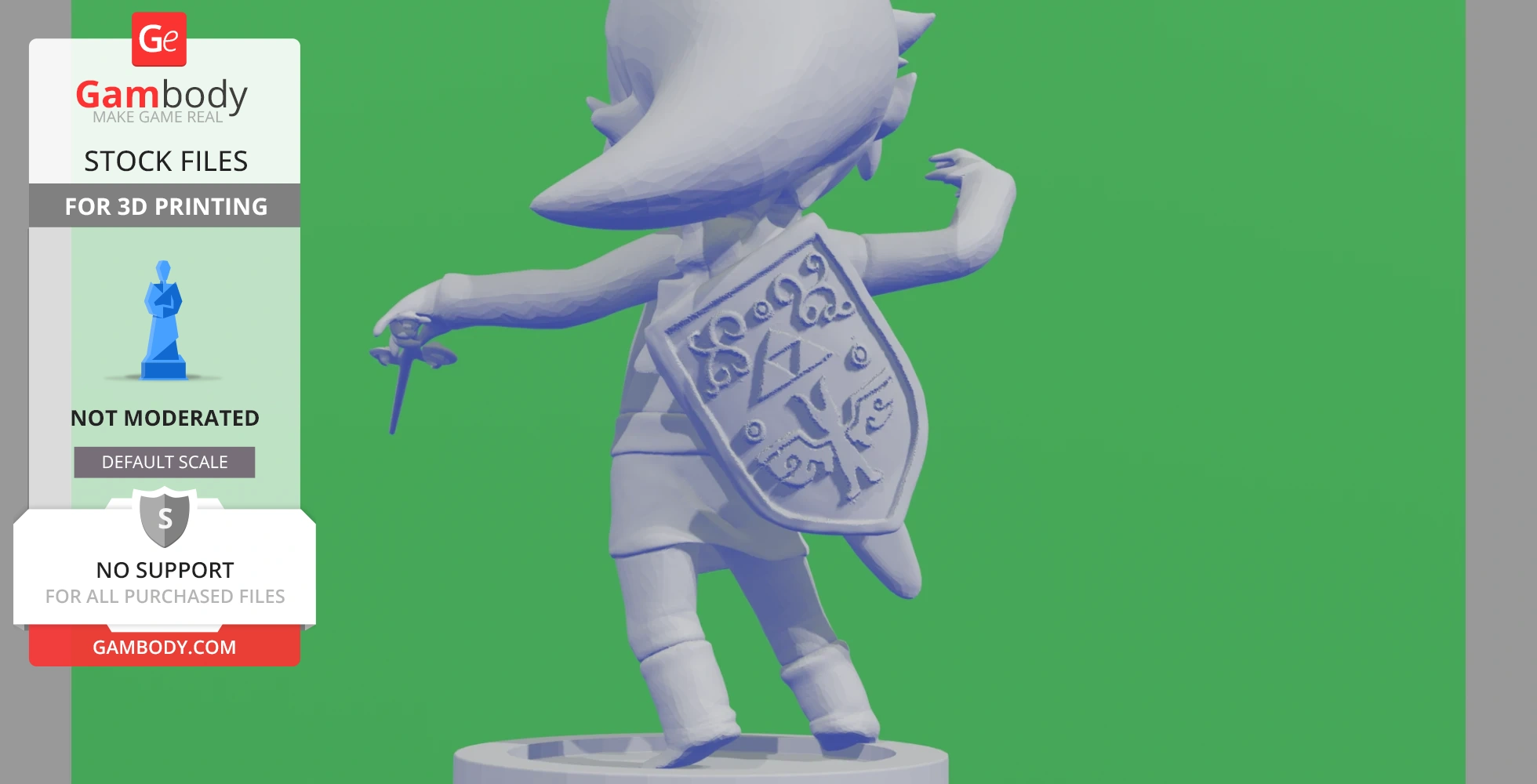A 3D model of a chibi character holding a shield and sword, viewed from behind on a circular base.