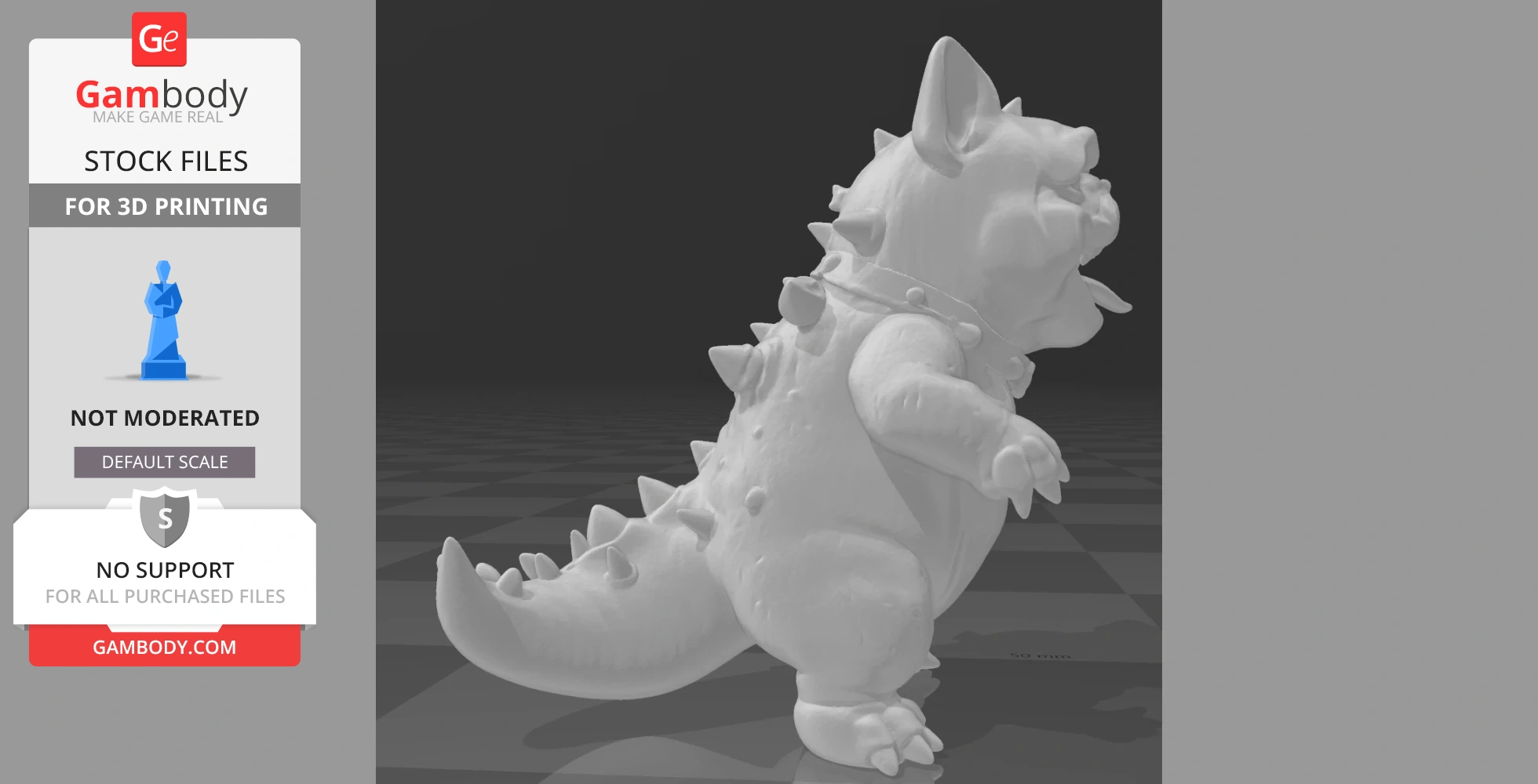 A 3D model of a bulldog with Godzilla-like features, including spikes and a tail, in a standing pose.