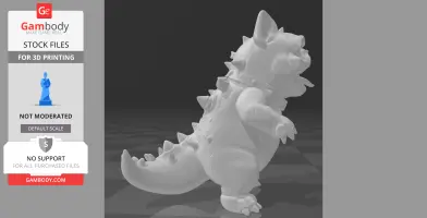 A 3D model of a bulldog with Godzilla-like features, including spikes and a tail, in a standing pose.