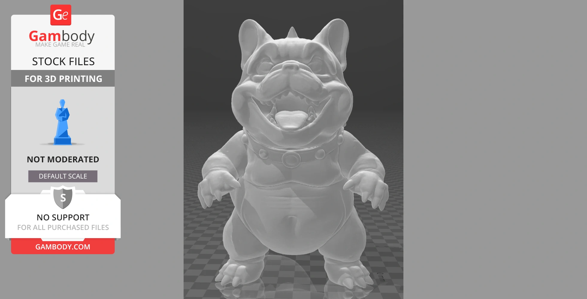 A 3D model combining a French bulldog and Godzilla, with a playful expression and textured features.