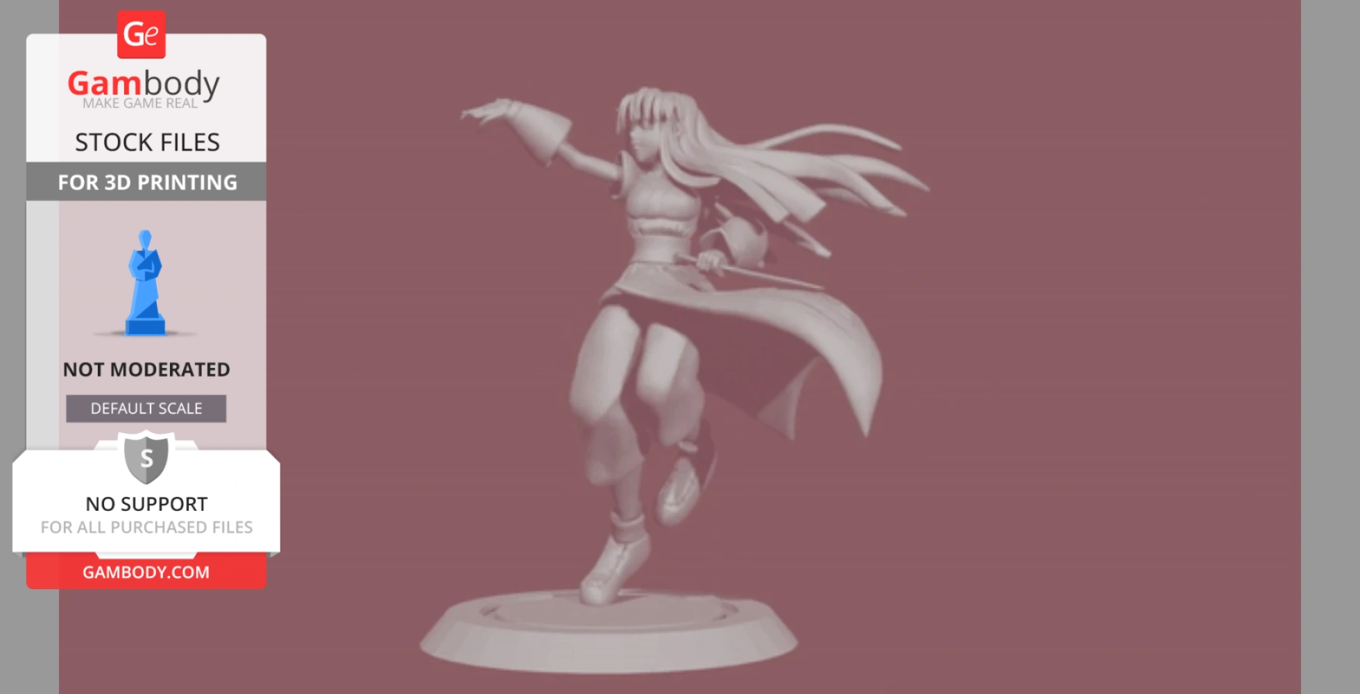 A dynamic 3D model of a figure with long hair in a mid-action pose, suitable for 3D printing.