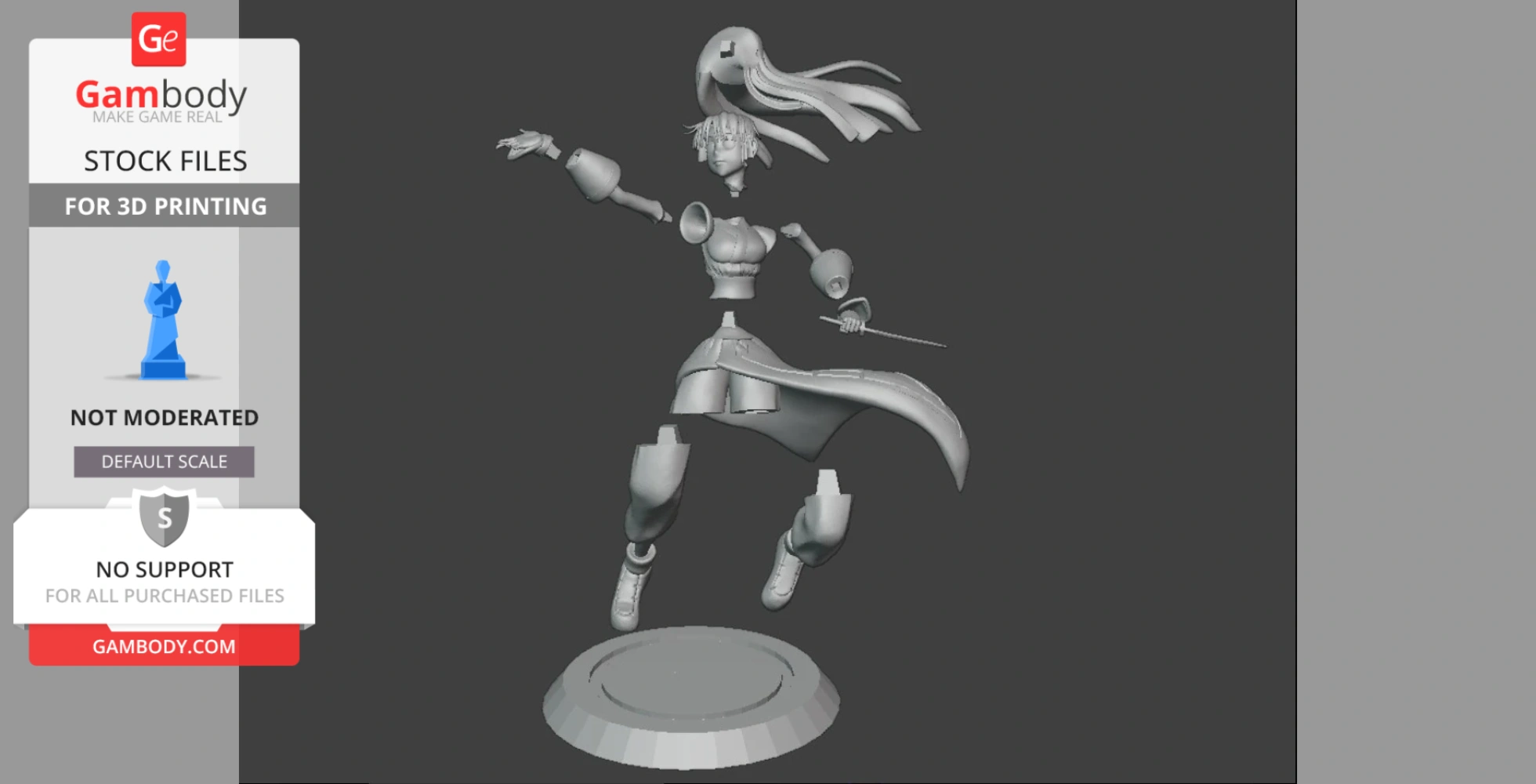 3D model of a dynamic character with flowing hair, holding a sword, on a circular base, ready for printing.
