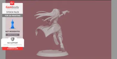 A dynamic 3D model of a female character in motion, with flowing hair and a detailed outfit, on a circular base.