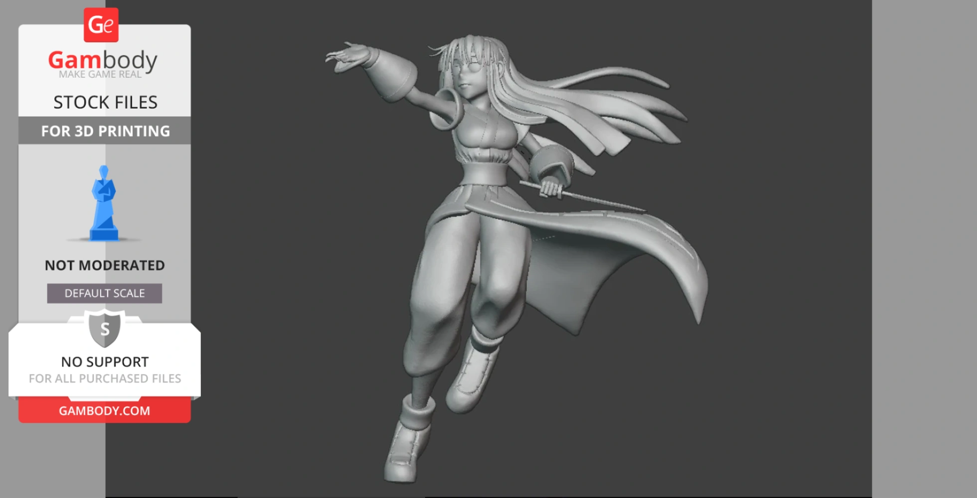 3D model of a dynamic female figure with long hair, reaching forward, wearing a flowing outfit and boots.