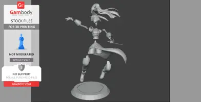 3D model of a dynamic character with flowing hair, holding a sword, on a circular base, ready for printing.